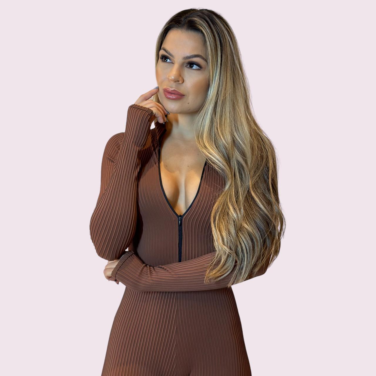 Macacão Virginia Canelado Chocolate