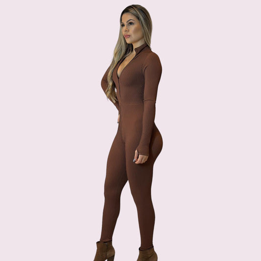 Macacão Virginia Canelado Chocolate