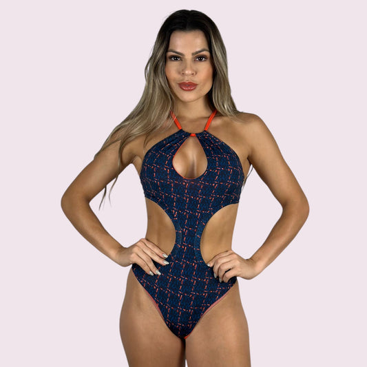 Maiô Panarea Estampa Marinho com Laranja