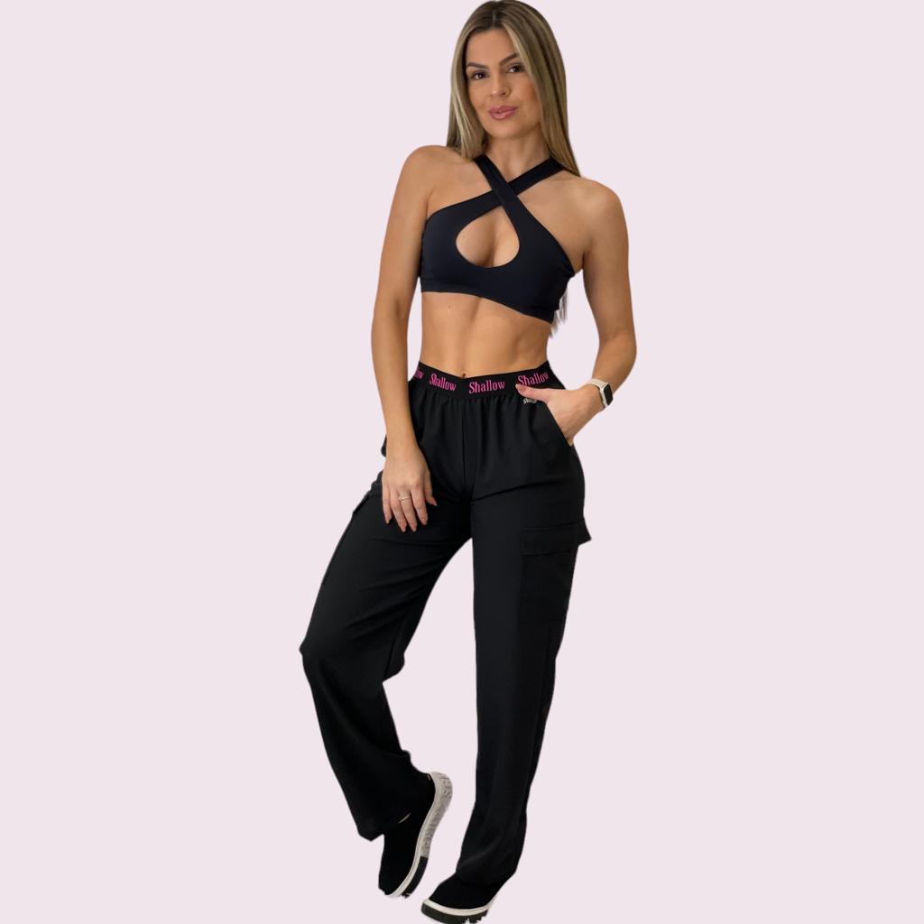 Calça Wide Preta com Elástico Shallow Preto