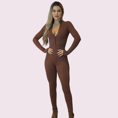 Macacão Virginia Canelado Chocolate