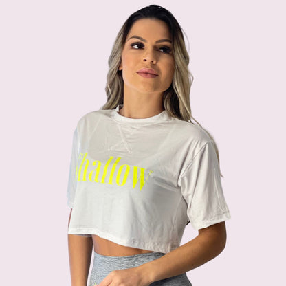 Cropped Manga Curta Branco Shallow Amarelo Neon